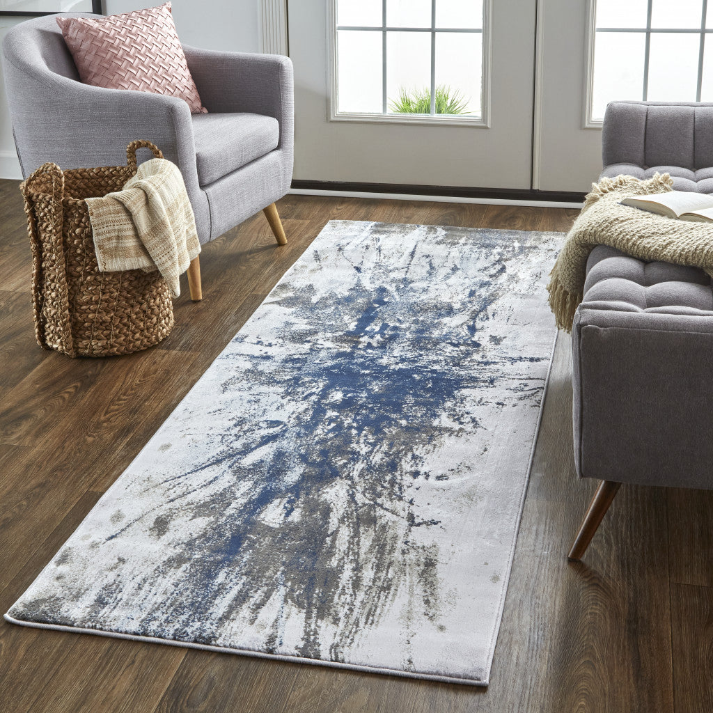 7' X 10' Blue Gray And White Abstract Stain Resistant Area Rug