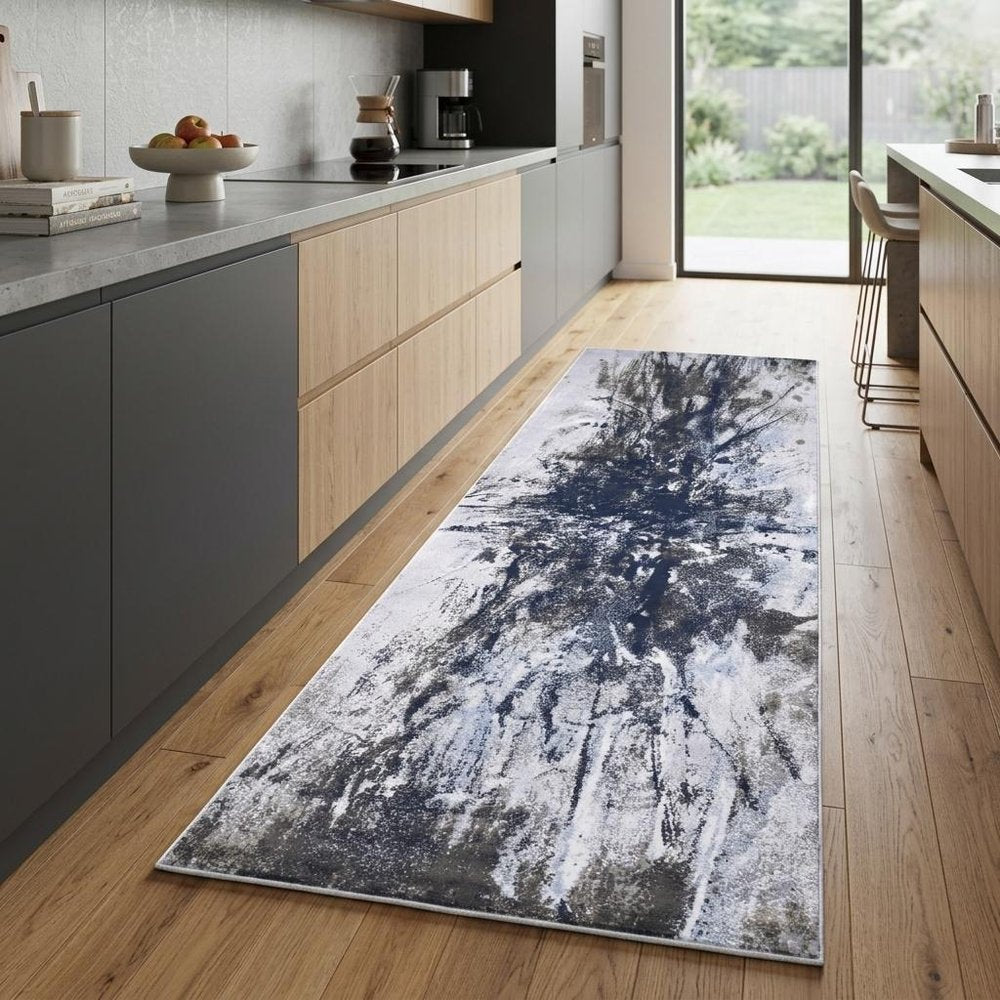 5' X 7' Blue Gray And White Abstract Stain Resistant Area Rug