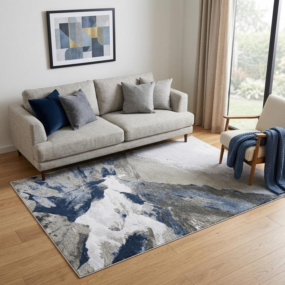 8' Blue Gray And White Abstract Runner Rug
