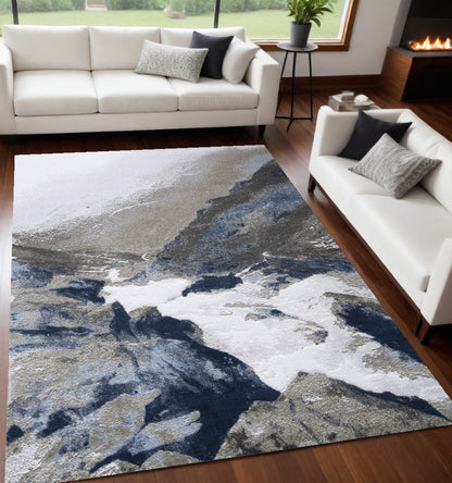 8' X 11' Blue Gray And White Abstract Area Rug