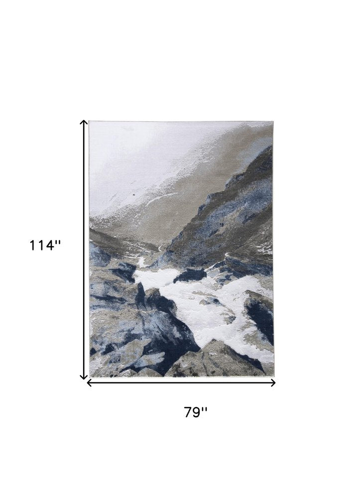 7' X 10' Blue Gray And White Abstract Area Rug