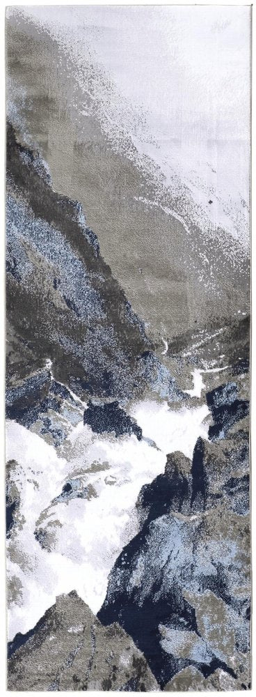 8' Blue Gray And White Abstract Runner Rug
