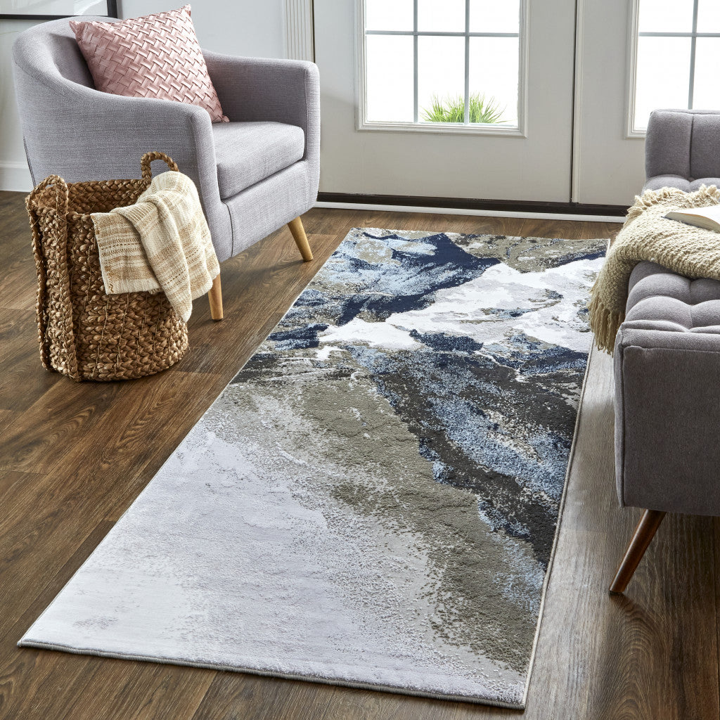 8' X 11' Blue Gray And White Abstract Area Rug