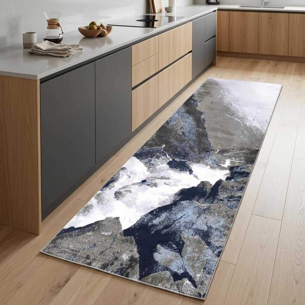 8' Blue Gray And White Abstract Runner Rug