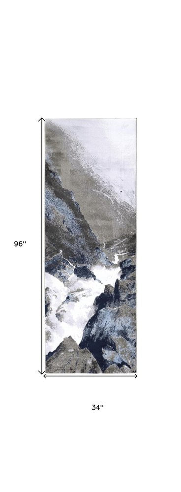 8' Blue Gray And White Abstract Runner Rug
