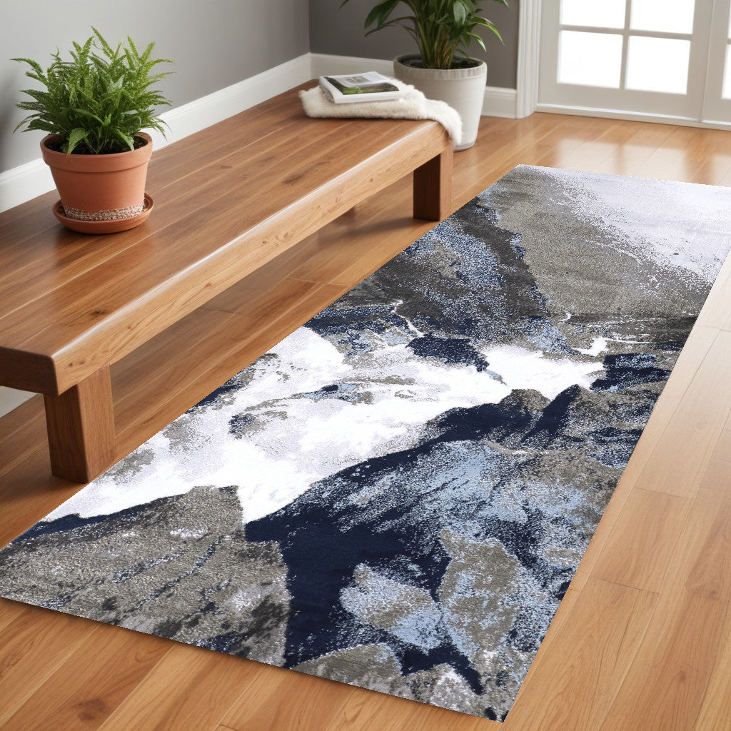 8' X 11' Blue Gray And White Abstract Area Rug