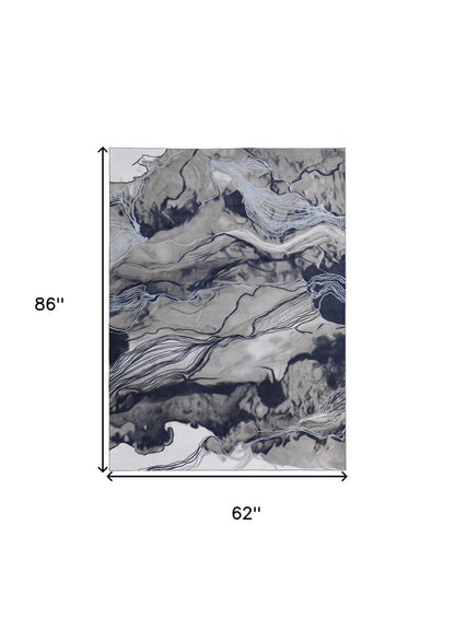 7' X 10' Blue Gray and Ivory Abstract Power Loom Non Skid Area Rug