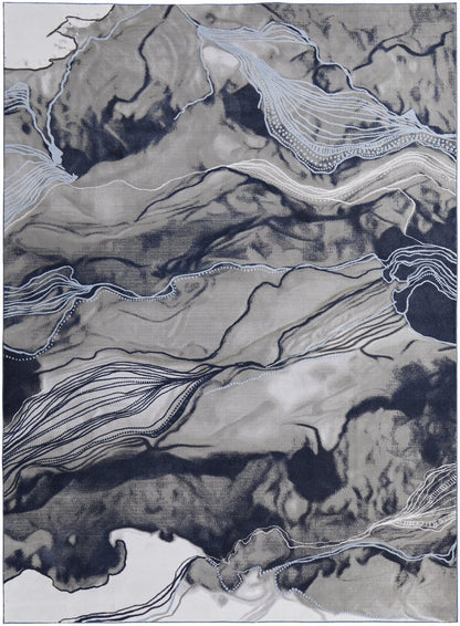 7' X 10' Blue Gray and Ivory Abstract Power Loom Non Skid Area Rug