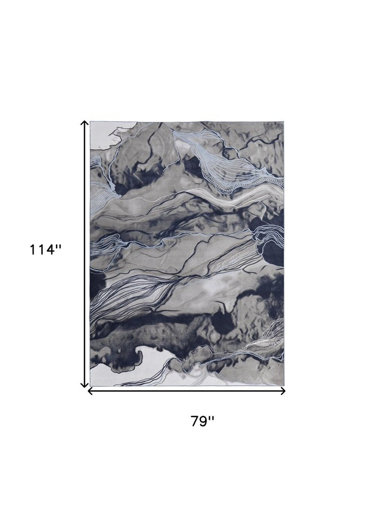 7' X 10' Blue Gray and Ivory Abstract Power Loom Non Skid Area Rug