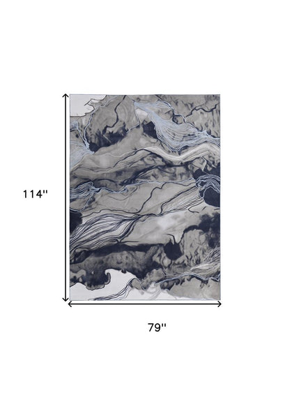 7' X 10' Blue Gray and Ivory Abstract Power Loom Non Skid Area Rug