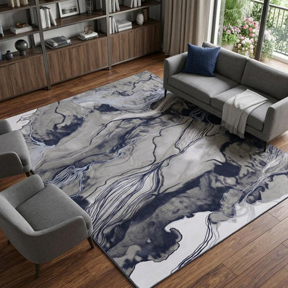 7' X 10' Blue Gray and Ivory Abstract Power Loom Non Skid Area Rug