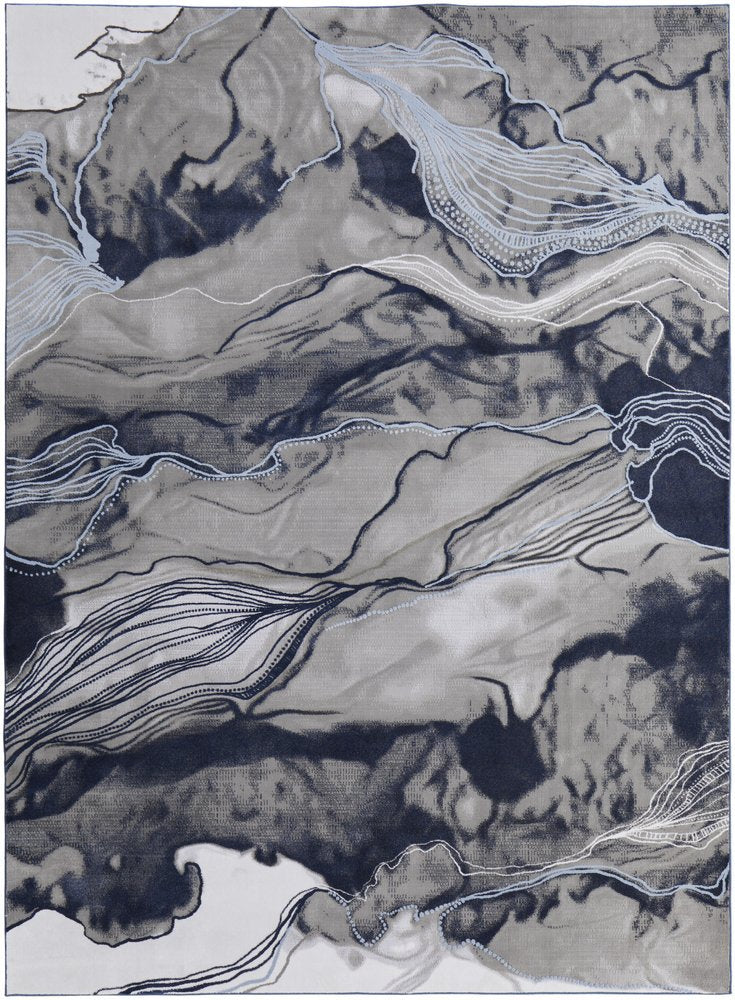 7' X 10' Blue Gray and Ivory Abstract Power Loom Non Skid Area Rug