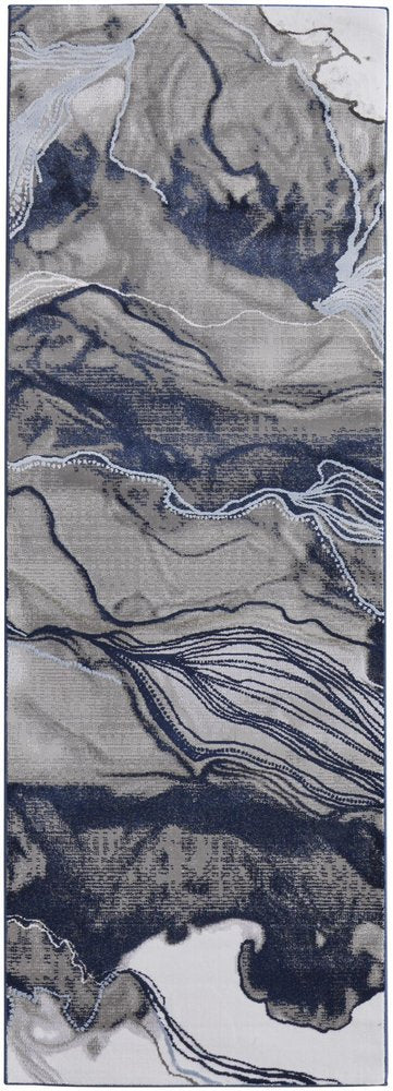 7' X 10' Blue Gray and Ivory Abstract Power Loom Non Skid Area Rug
