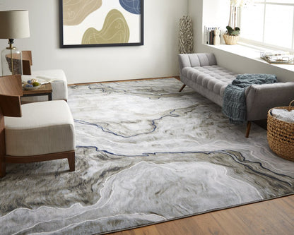 2' X 3' Ivory Blue and Gray Abstract Power Loom Area Rug