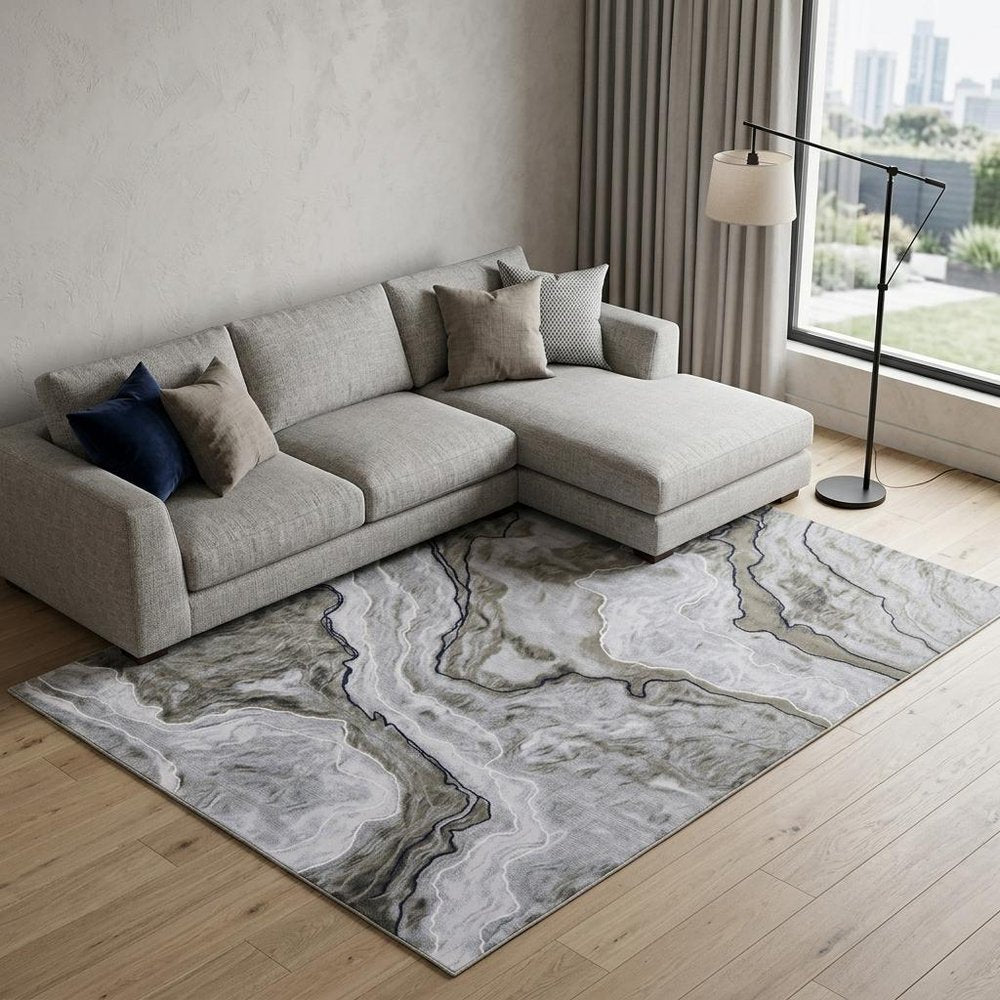 8' X 11' Ivory Blue and Gray Abstract Power Loom Area Rug