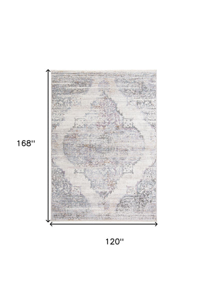 10' X 14' Ivory Gray And Pink Abstract Distressed Area Rug With Fringe