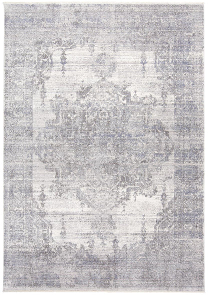 8' Gray and Ivory Medallion Power Loom Distressed Runner Rug with Fringe