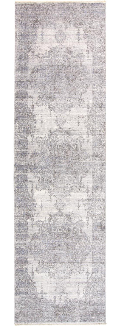 8' Gray and Ivory Medallion Power Loom Distressed Runner Rug with Fringe