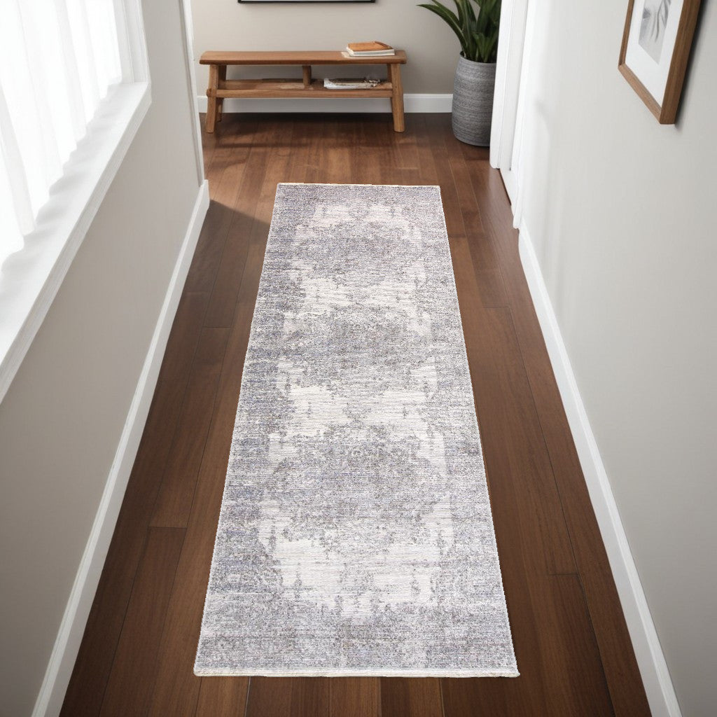 8' Gray and Ivory Medallion Power Loom Distressed Runner Rug with Fringe