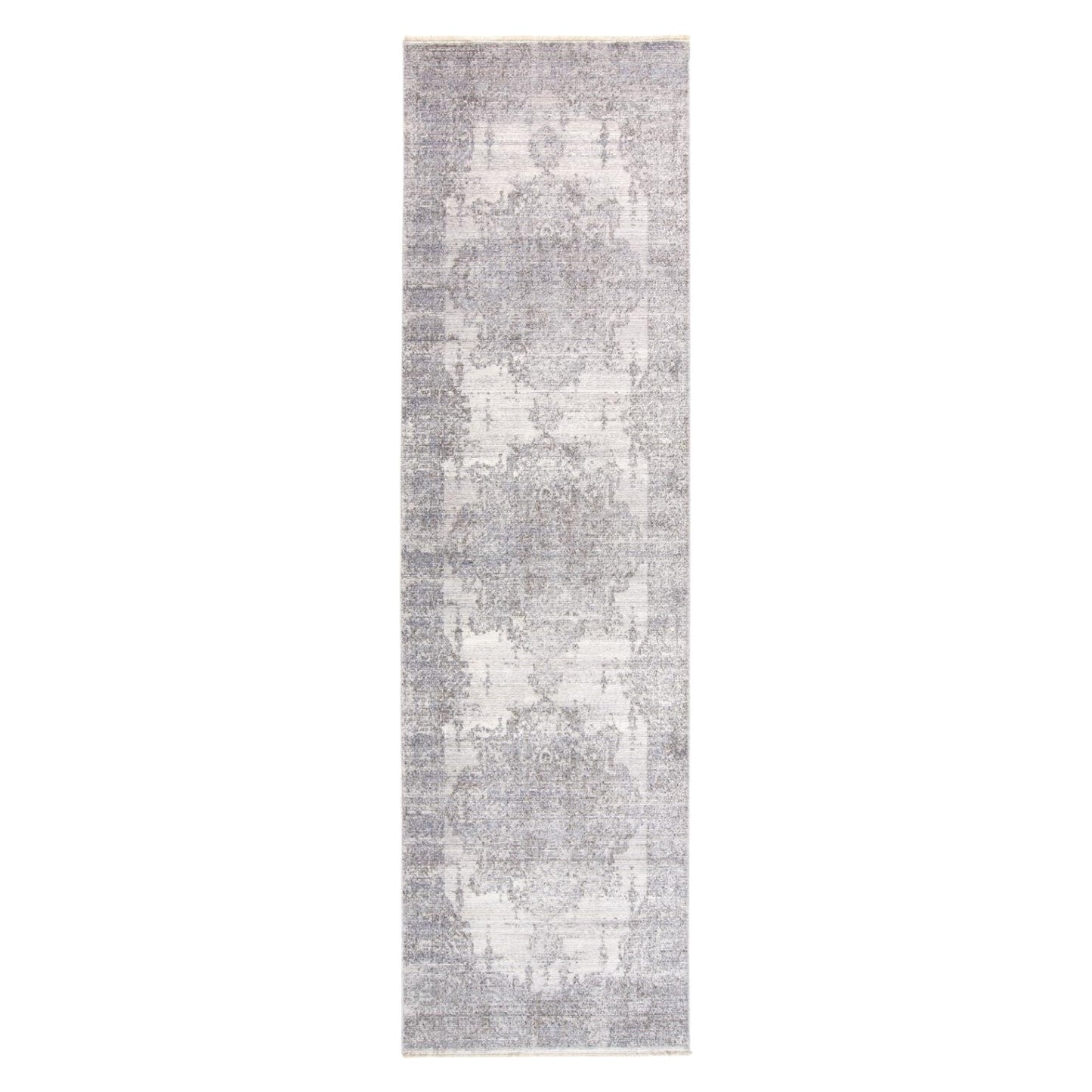 8' Gray and Ivory Medallion Power Loom Distressed Runner Rug with Fringe