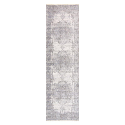 8' Gray and Ivory Medallion Power Loom Distressed Runner Rug with Fringe