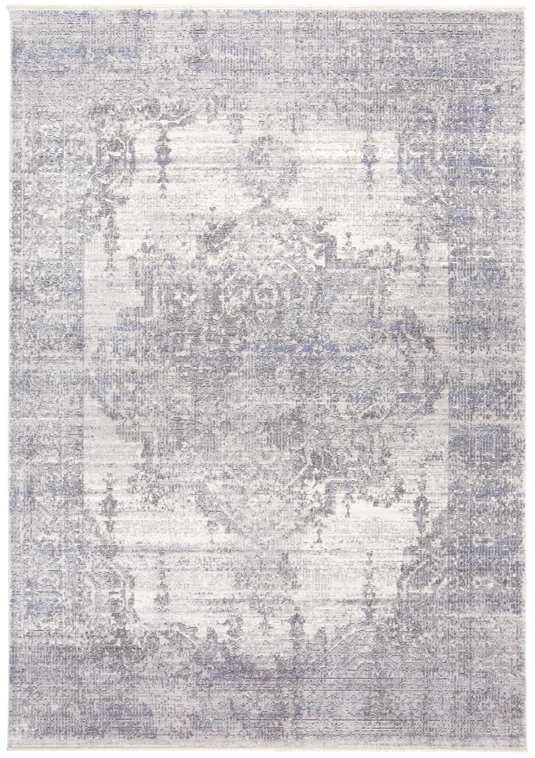 8' Gray and Ivory Medallion Power Loom Distressed Runner Rug with Fringe