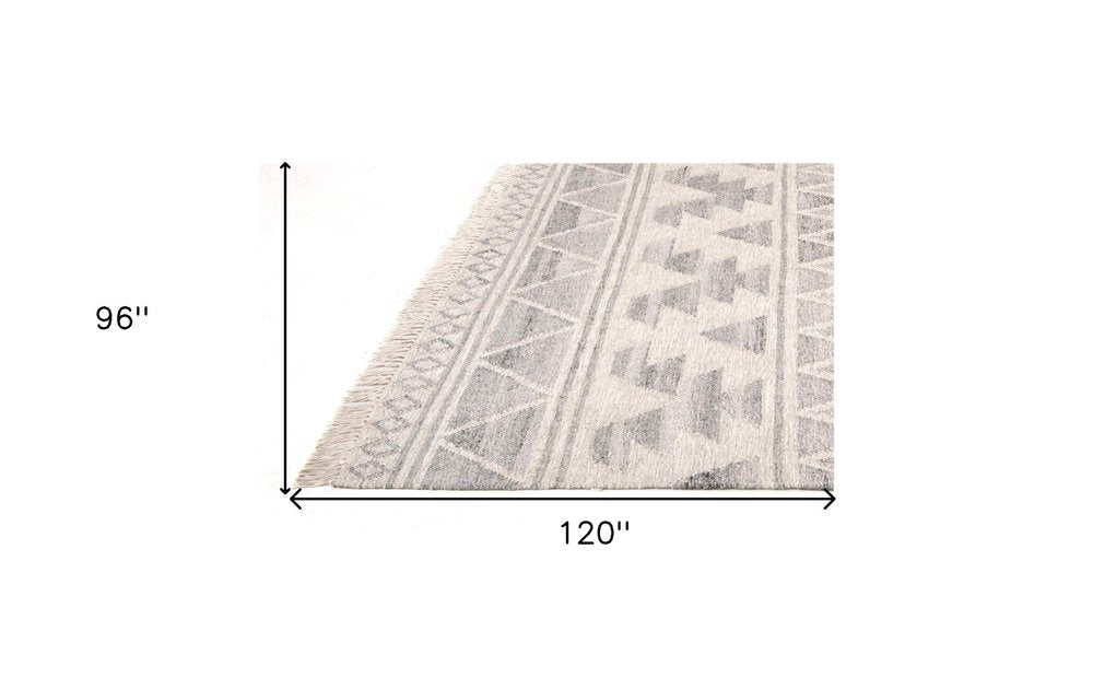 10' X 14' Blue and Ivory Wool Geometric Flatweave Handmade Area Rug With Fringe