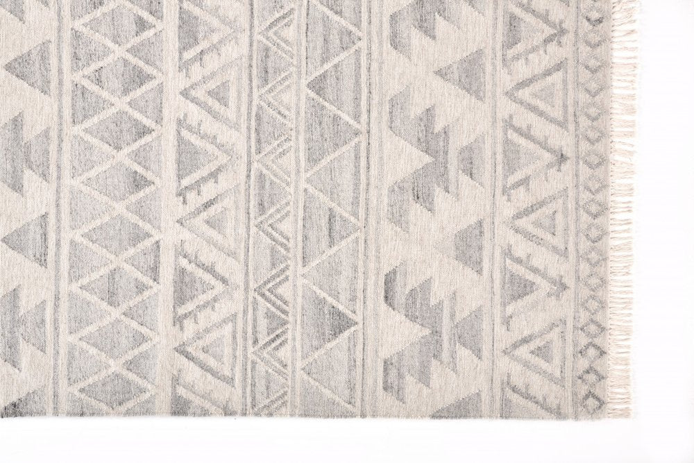 10' X 14' Blue and Ivory Wool Geometric Flatweave Handmade Area Rug With Fringe