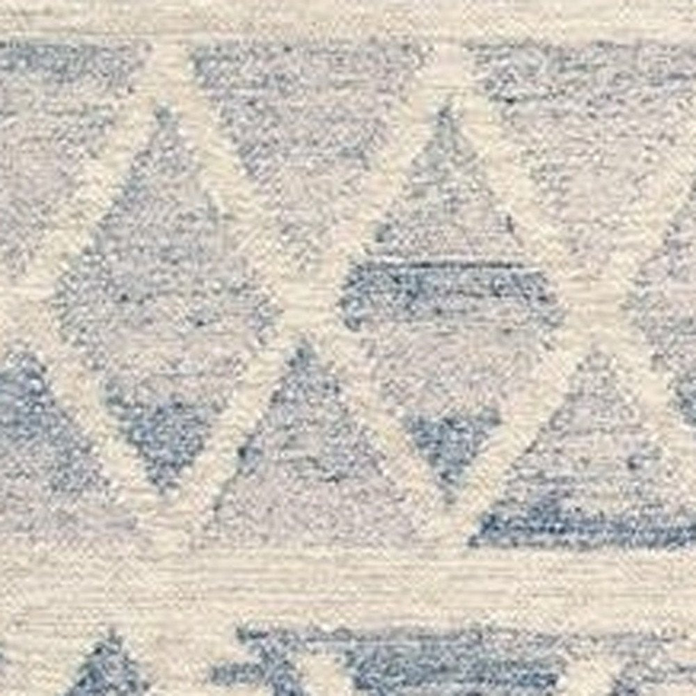 10' X 14' Blue and Ivory Wool Geometric Flatweave Handmade Area Rug With Fringe
