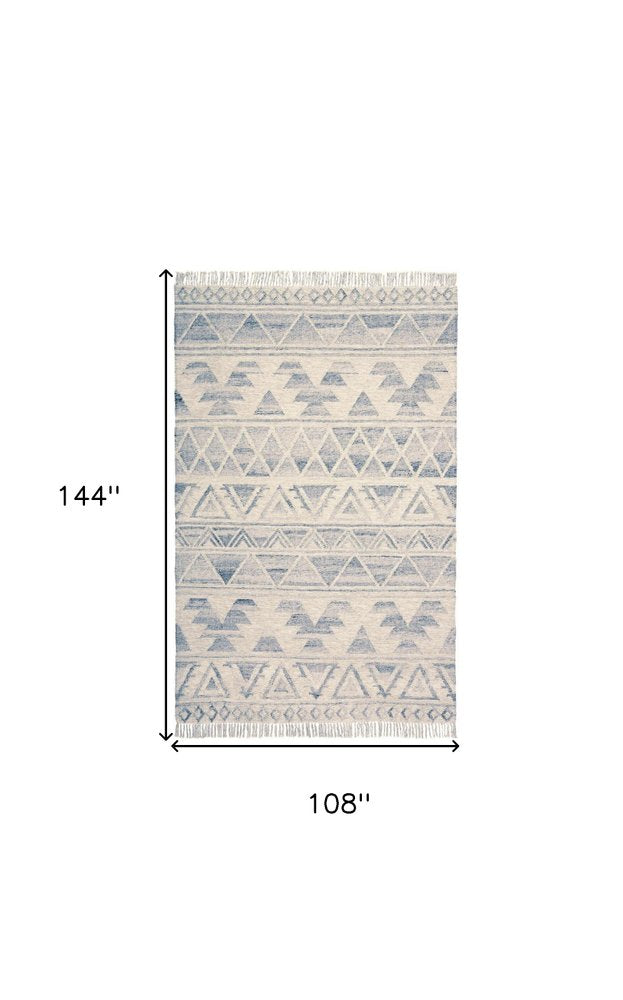 10' X 14' Blue and Ivory Wool Geometric Flatweave Handmade Area Rug With Fringe