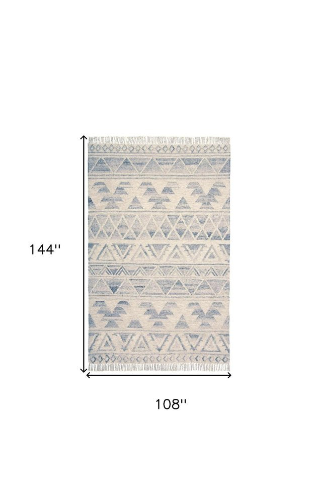 10' X 14' Blue and Ivory Wool Geometric Flatweave Handmade Area Rug With Fringe