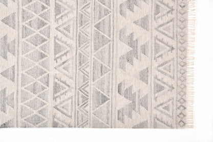 10' X 14' Blue and Ivory Wool Geometric Flatweave Handmade Area Rug With Fringe