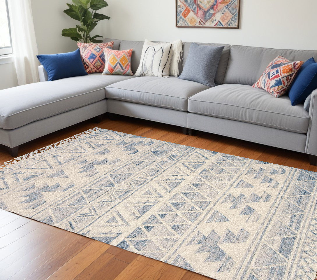 8' X 10' Ivory Gray And Blue Wool Geometric Dhurrie Flatweave Handmade Area Rug With Fringe