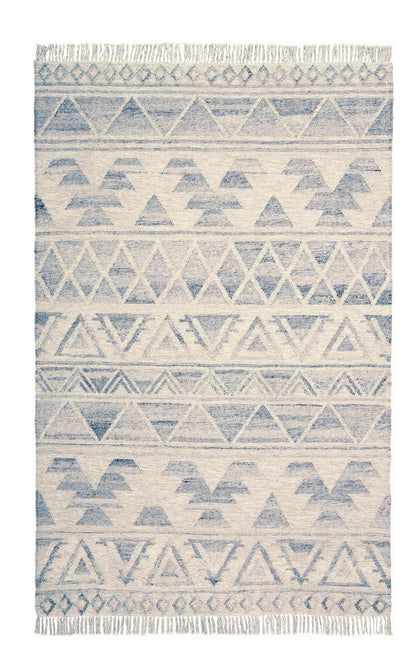 10' X 14' Blue and Ivory Wool Geometric Flatweave Handmade Area Rug With Fringe
