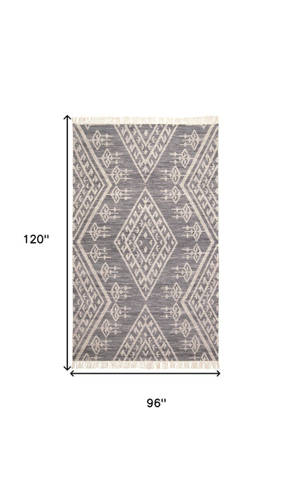 8' X 10' Gray Ivory And Blue Wool Geometric Dhurrie Flatweave Handmade Area Rug With Fringe