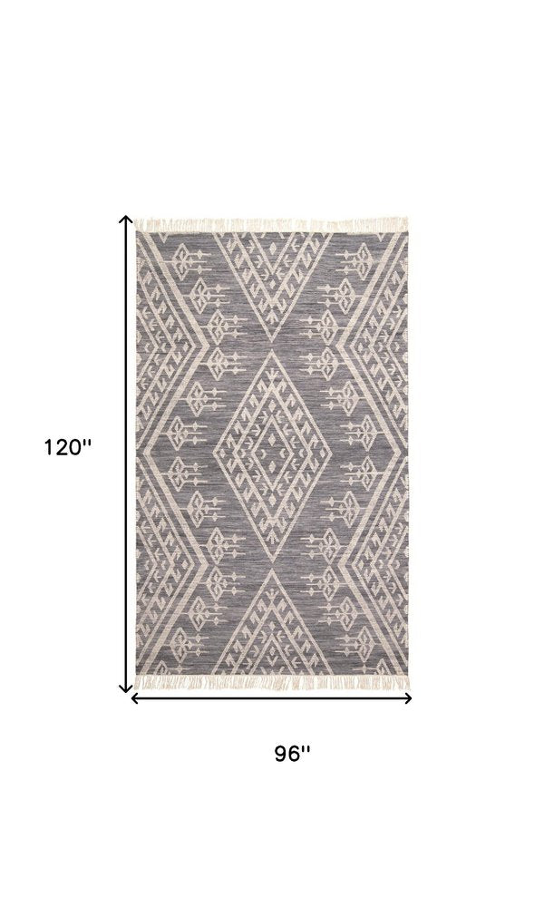 10' X 14' Gray Ivory And Blue Wool Geometric Dhurrie Flatweave Handmade Area Rug With Fringe