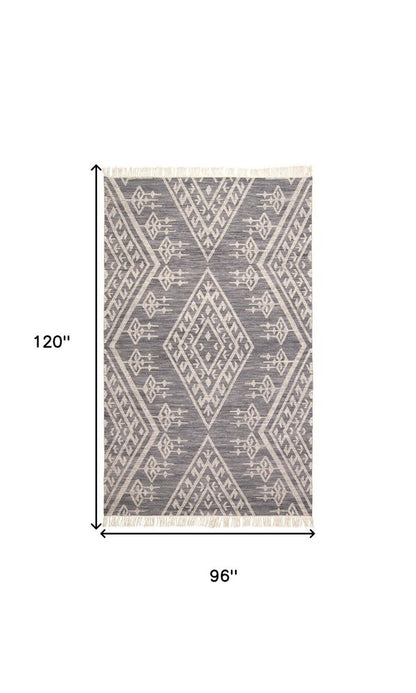10' X 14' Gray Ivory And Blue Wool Geometric Dhurrie Flatweave Handmade Area Rug With Fringe