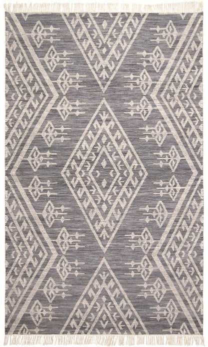 10' X 14' Gray Ivory And Blue Wool Geometric Dhurrie Flatweave Handmade Area Rug With Fringe