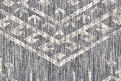 10' X 14' Gray Ivory And Blue Wool Geometric Dhurrie Flatweave Handmade Area Rug With Fringe