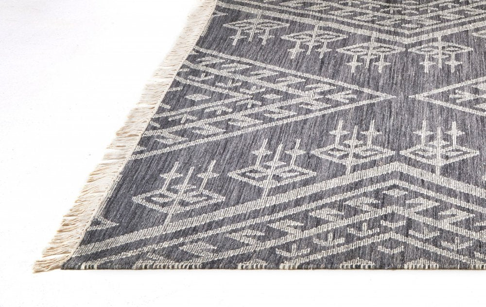 10' X 14' Gray Ivory And Blue Wool Geometric Dhurrie Flatweave Handmade Area Rug With Fringe