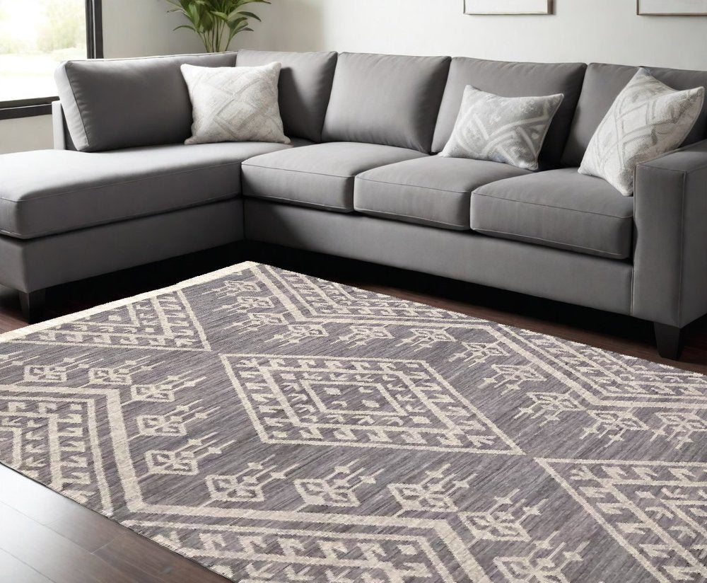 10' X 14' Gray Ivory And Blue Wool Geometric Dhurrie Flatweave Handmade Area Rug With Fringe