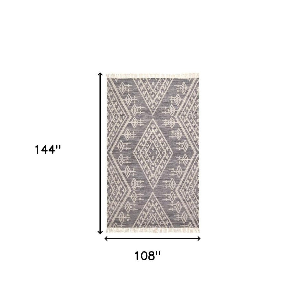 9' X 12' Gray Ivory And Blue Wool Geometric Dhurrie Flatweave Handmade Area Rug With Fringe