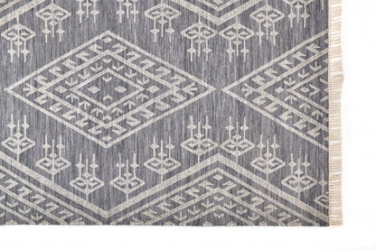 10' X 14' Gray Ivory And Blue Wool Geometric Dhurrie Flatweave Handmade Area Rug With Fringe