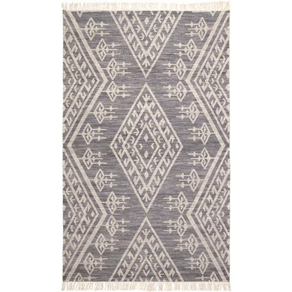 10' X 14' Gray Ivory And Blue Wool Geometric Dhurrie Flatweave Handmade Area Rug With Fringe