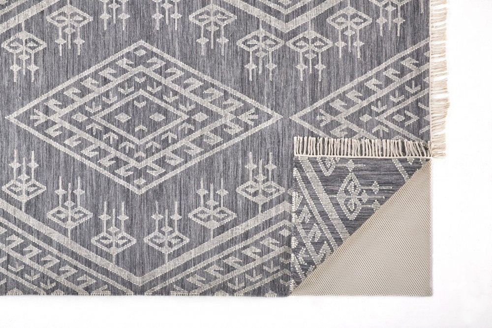 9' X 12' Gray Ivory And Blue Wool Geometric Dhurrie Flatweave Handmade Area Rug With Fringe