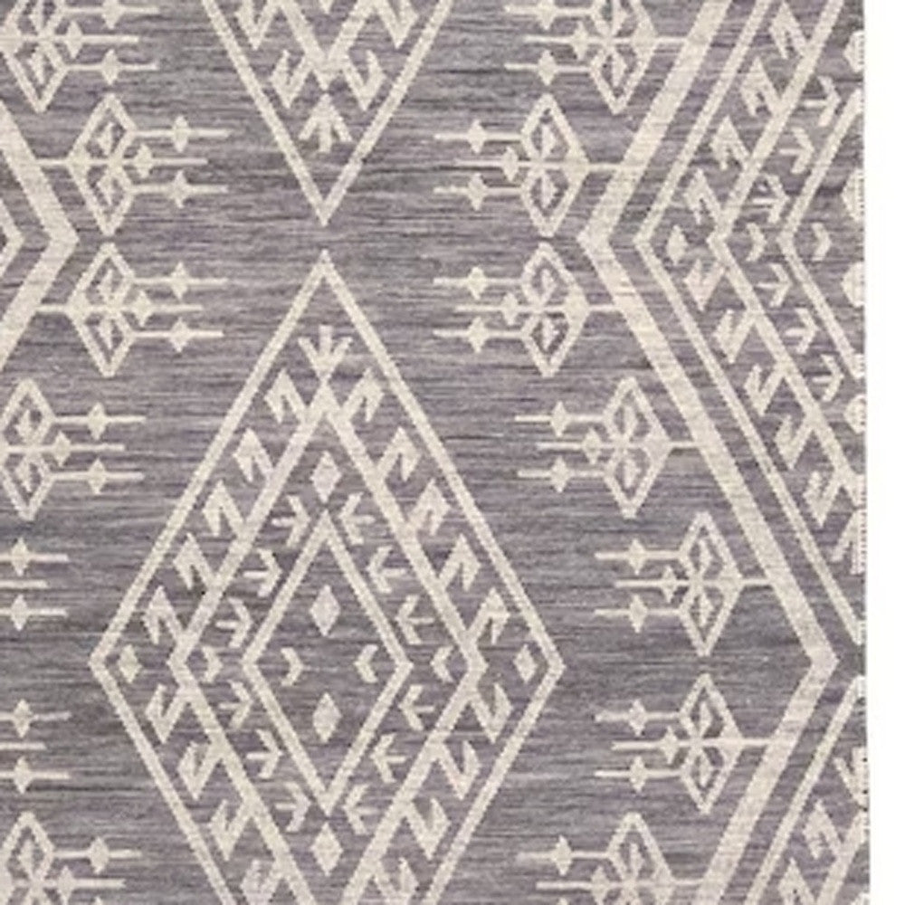 8' X 10' Gray Ivory And Blue Wool Geometric Dhurrie Flatweave Handmade Area Rug With Fringe