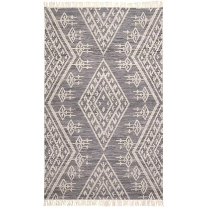 8' X 10' Gray Ivory And Blue Wool Geometric Dhurrie Flatweave Handmade Area Rug With Fringe