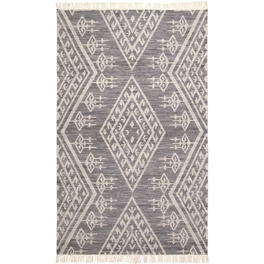 10' X 14' Gray Ivory And Blue Wool Geometric Dhurrie Flatweave Handmade Area Rug With Fringe