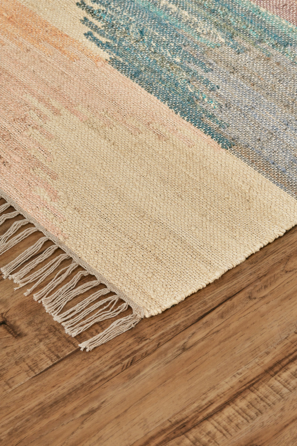 9' X 12' Tan Blue And Orange Geometric Dhurrie Flatweave Handmade Area Rug With Fringe