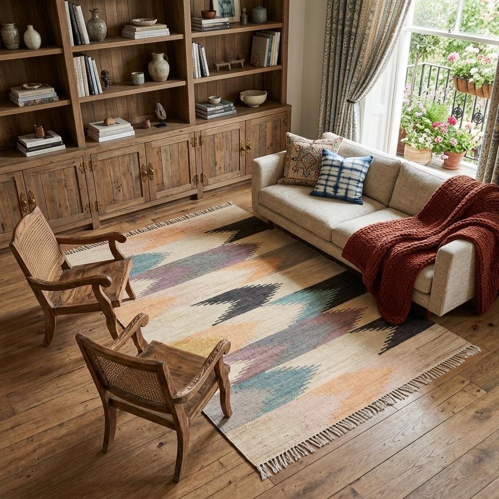 10' X 14' Tan Blue And Orange Geometric Dhurrie Flatweave Handmade Area Rug With Fringe